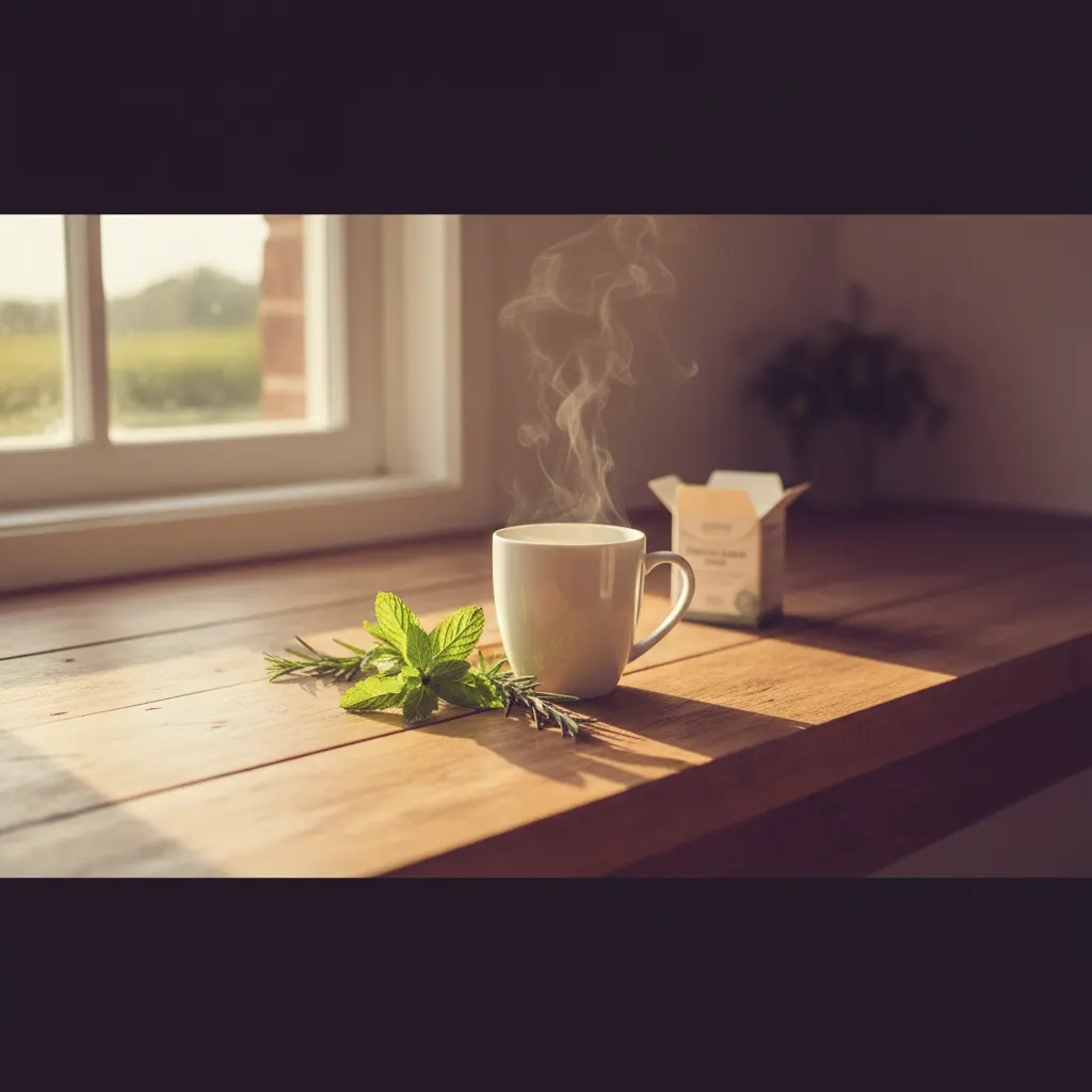 Warm Australian morning kitchen with steaming coffee mug and fresh botanicals