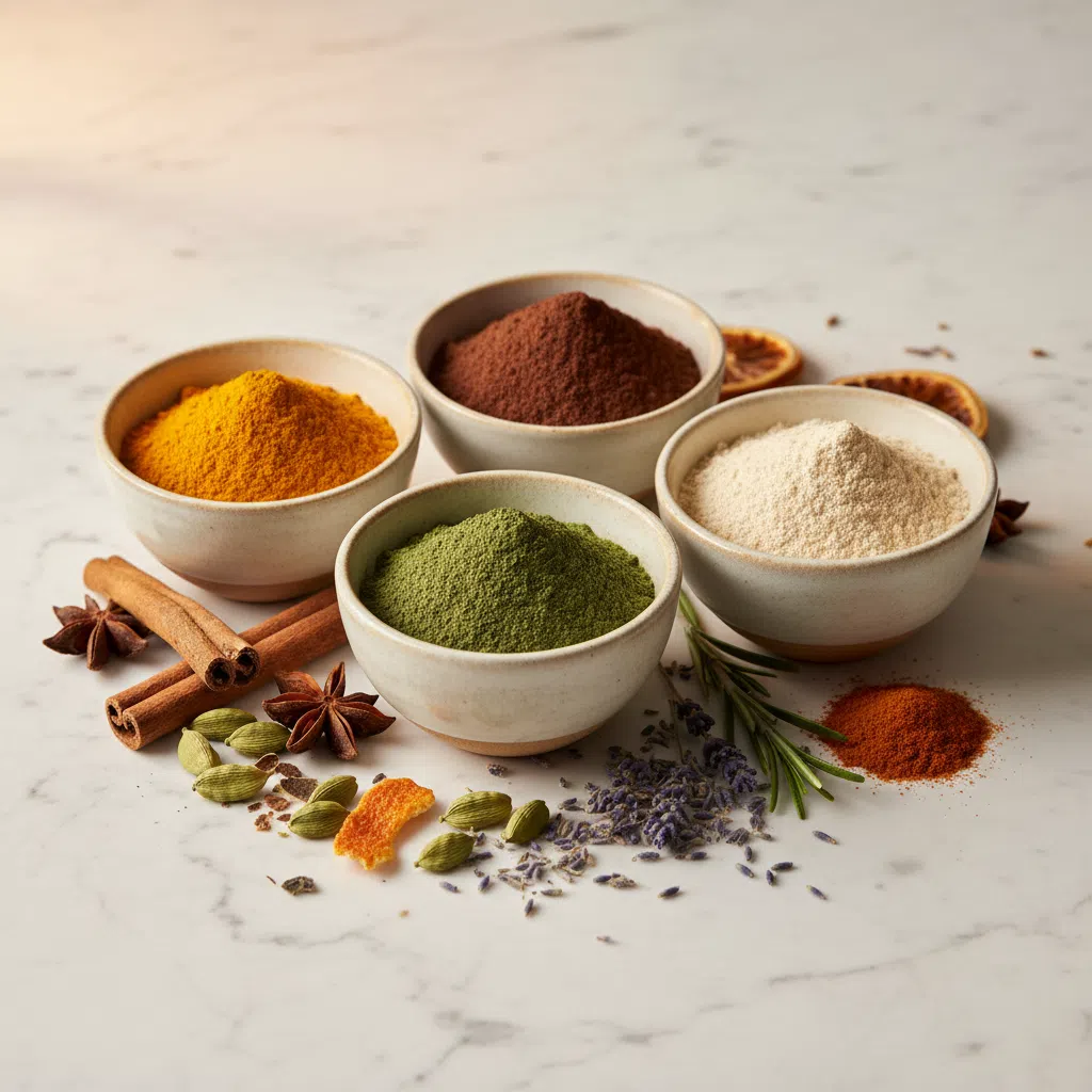 Small ceramic bowls of colourful botanical extract powders including turmeric, spirulina and cacao on marble surface