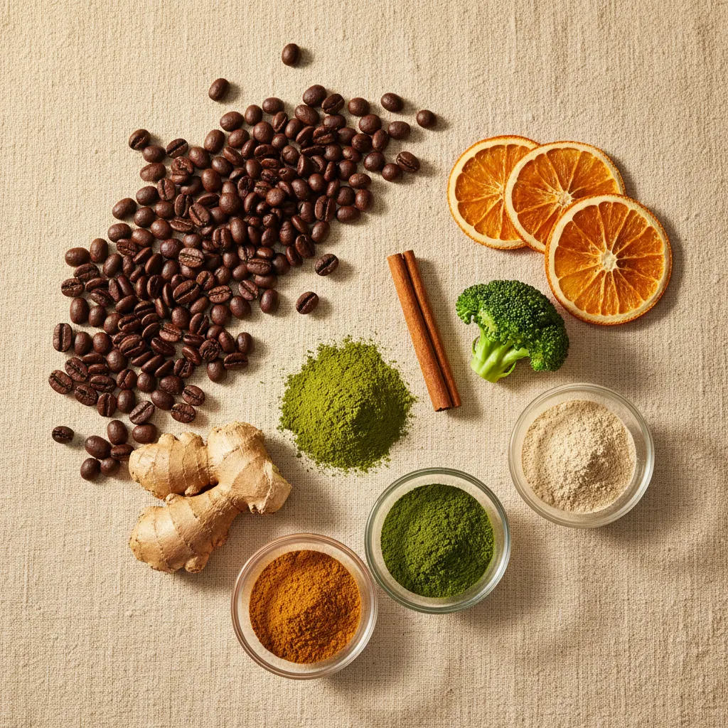 Flat lay of natural botanical ingredients including coffee beans, green powders and spices for metabolism support